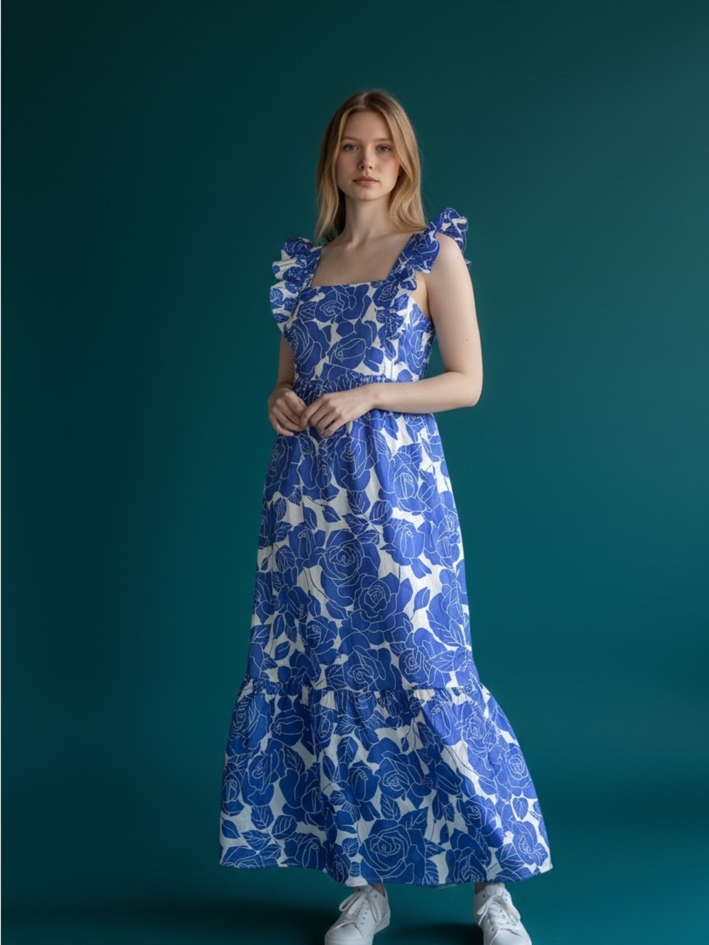 Blue Floral Square-Neck Maxi Dress with Ruffle Straps - size 10 (medium)